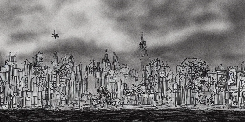 Image similar to pen and ink illustration, city held up on giant platform, buildings on top of tall structure, over the ocean, tall arches, fading off to the horizon, steam punk, artstation