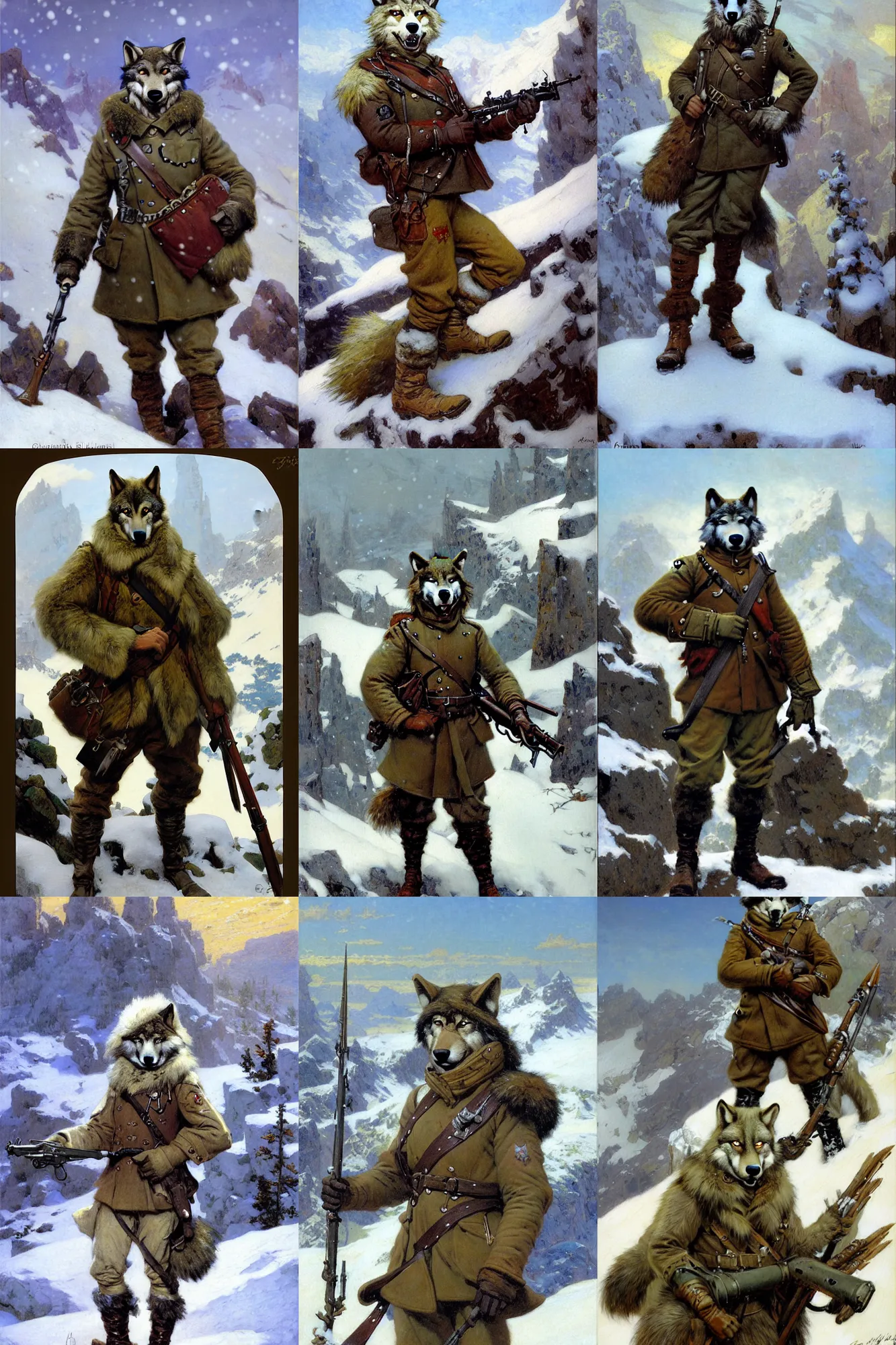 Prompt: anthropomorphic furry wolf soldier in a snowy mountain range during world war 1, character design, painting by gaston bussiere, craig mullins, j. c. leyendecker, tom of finland