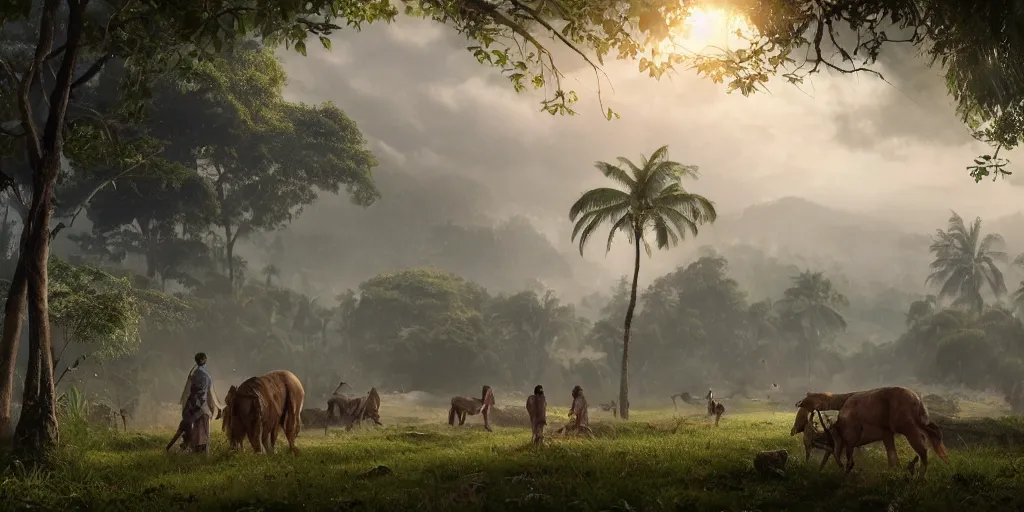 Prompt: kerala village countryside, beautiful dynamic lighting, cinematic, wide angle establishing shot, extremely high detail, photo realistic, cinematic lighting, post processed, concept art, artstation, matte painting, style by eddie mendoza, raphael lacoste, alex ross, volumetric lighting, light rays, photorealistic, ultrarealistic, moody, coronarender, 8k