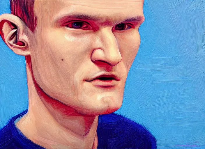 Prompt: vitalik buterin in headphones. vitalik buterin, medium shot, perfect symmetric face, coherent face, coherent eyes, cute, fine details., 4 k, hans zatska, oil paint