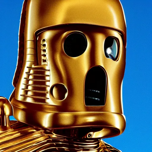 Prompt: entire body portrait of Simpson as C3PO in star wars, background blue sky puffy clouds cinematic 4k