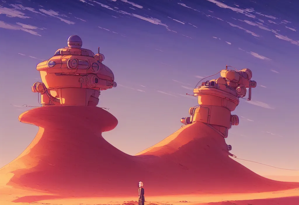 Prompt: a lonely small chubby futuristic oil plant on sand dunes at dawn, intricate oil painting, high detail illustration, sharp high detail, manga and anime 1 9 9 9, official fanart behance hd artstation by jesper ejsing and makoto shinkai, 4 k,