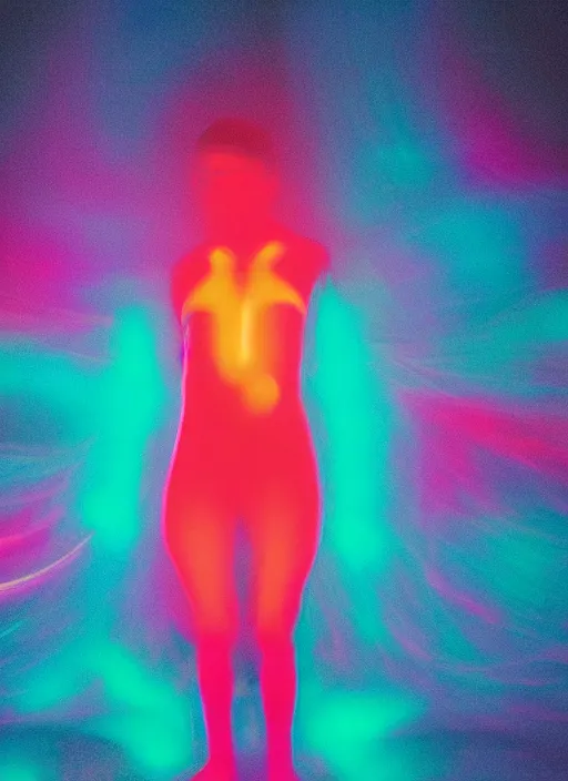 Prompt: human entity silhouette, large diffused colorful glowing aura, long exposure, film grain, cinematic lighting, maximum detail