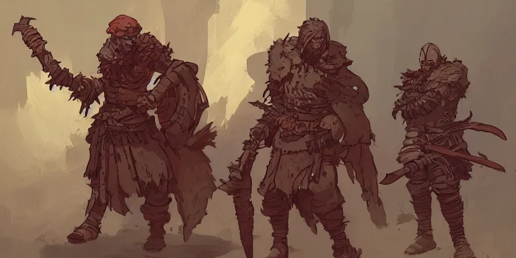 Image similar to warrior character design, idle, colored, sword, sprite, darkest dungeon, pc game, sideview, art by moebius and greg rutkowski.