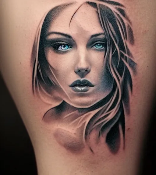 Image similar to tattoo design sketch of a beautiful blue - eyed woman face with a faded background of beautiful mountains and nature on her side, hyper - realistic, in the style of den yakovlev, amazing detail, black and white