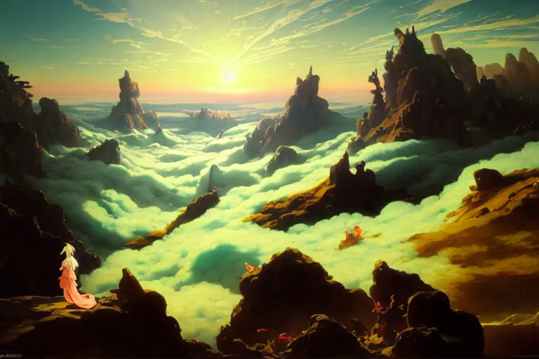 Image similar to baroque oil painting of anime key visual environment concept art of of wanderer above the sea of fog 1 8 1 8 but with anime girl, long flowing brown hair, grimdark fantasy, acrylic painting, trending on pixiv fanbox, palette knife and brush strokes, style of makoto shinkai jamie wyeth james gilleard edward hopper greg rutkowski studio ghibli genshin impact