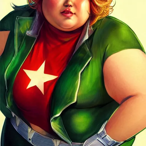 Image similar to beautiful portrait commission of a obese man cosplaying as miss marvel. blonde hair. Green Eyes. character design by charlie bowater, detailed, inked, western comic book art