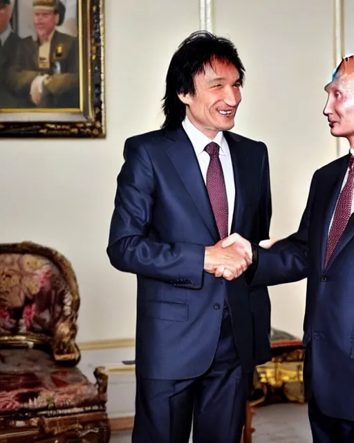 Image similar to sixty years old viktor tsoi with joyful look in a business suit shaking hands with vladimir putin in kremlin, moscow, color photo, mid shot photo, official meeting, digital photo, 4 k