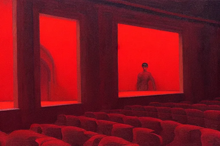 Image similar to only with red, crowd screaming, an exposed painting in a roman theater, in the style of beksinski, parts by edward hopper, parts by rodcenko, parts by yue minjun, intricate and epic composition, red by caravaggio, insanely quality, highly detailed, masterpiece, red light, artstation, 4 k