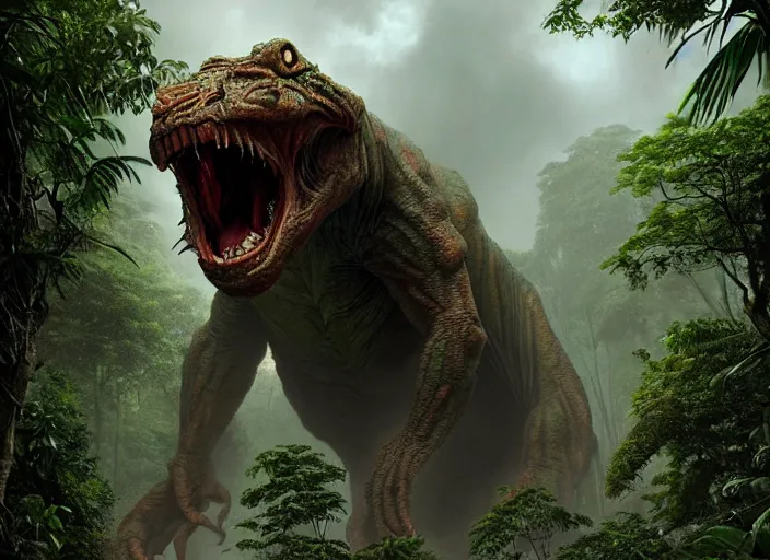 Image similar to giant monstrous aggressive scaled creature screaming at the camera, in the background a jungle, epic science fiction horror digital matte painting by Moebius and Mark Brooks (and Greg Rutkowski), extremely detailed, artstation