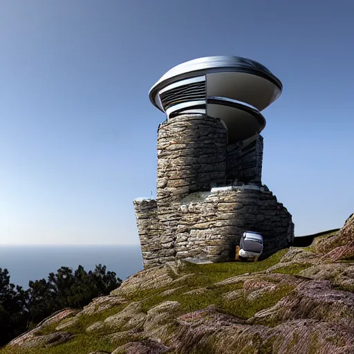 Prompt: Cliffside observatory, on a craggy mountain, with a radio telescope, aimed at an alien skyline, studio ghibly style