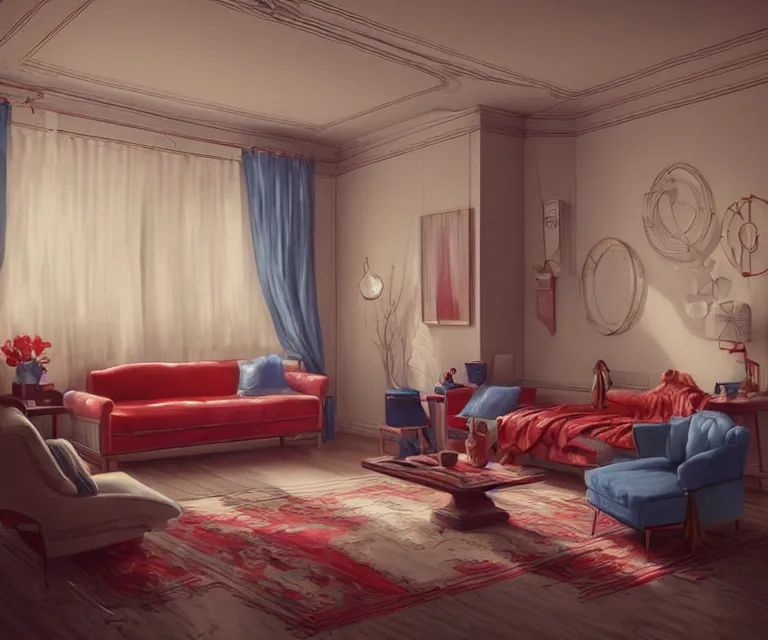 Prompt: 1 9 8 0 s living room by charlie bowater and anna dittmann and artgerm and clemens ascher, intricate, elegant, beige and blue and red mist, highly detailed, dramatic lighting, sharp focus, octane render, trending on artstation, artstationhd, artstationhq, unreal engine, 4 k, 8 k