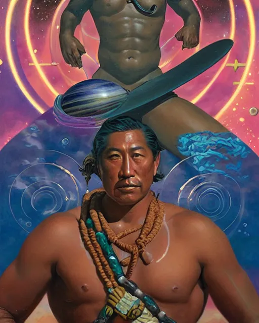 Image similar to duke kahanamoku as a hawaiian warrior surrounded by intergalactic planets connected by streams of multiversal flow, sigma male, gigachad, visually stunning, luxurious, by wlop, james jean, jakub rebelka, tran nguyen, peter mohrbacher, yoann lossel