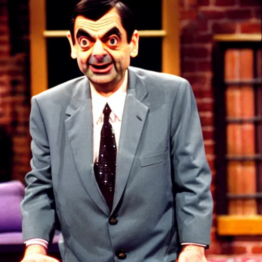 Image similar to mr. bean on the jerry springer show fighting with another guest.