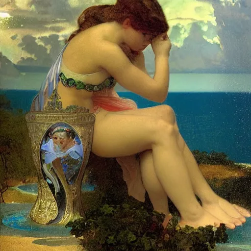 Image similar to Close up of the girl's chalice, refracted sparkles, thunderstorm, greek pool, beach and Tropical vegetation on the background major arcana sky, by paul delaroche, alphonse mucha and arnold böcklin, hyperrealistic 8k, award-winning, very very very detailed