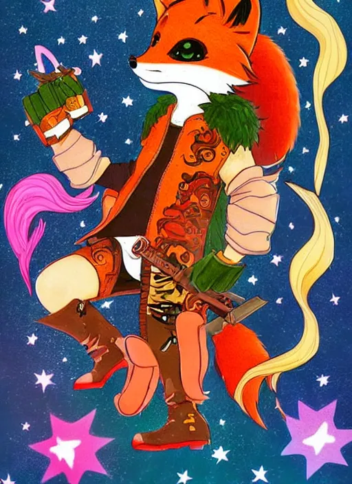 Prompt: A vintage painted illustration of an adorable chibi male rogue fox anime guy in the style of Lisa Frank Babs Tarr Hantine Hsu sitting in a couture leather and spike vest that has skulls on it