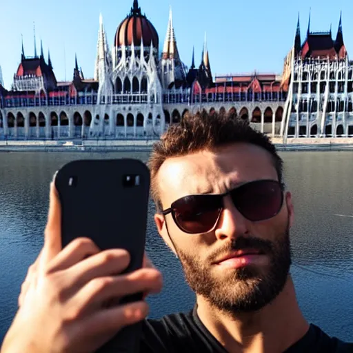 Prompt: Gigachad taking a selfie with the hungarian Parliament, 4k, selfie,