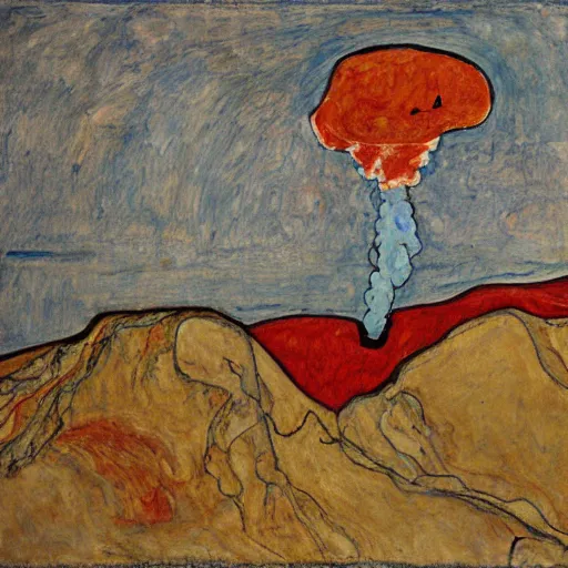 Image similar to painting of an erupting volcano in the style of egon schiele