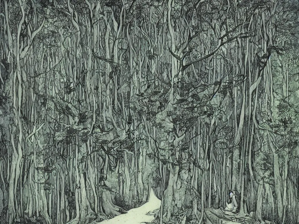 Prompt: dense forest, artstation, by aubrey beardsley, by caspar david friedrich, by laurie lipton, by kay nielsen, by ivan shishkin, calligraphy, divine, paradox, gnarly trees, terrifying, witchcraft!, hope, mountains in background