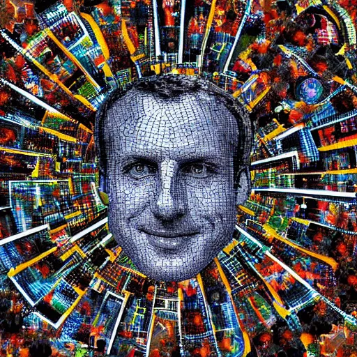 Image similar to portrait mosaic of Emmanuel macron with robot eyes, 4k, intricate details, digital, sun in the background