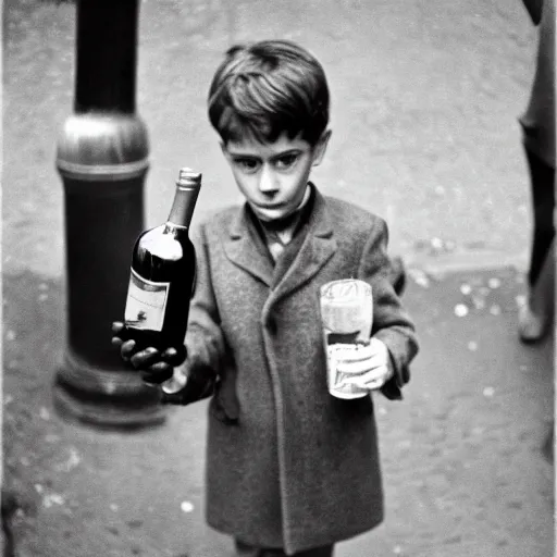 Image similar to the boy holding wine bottle in paris street, by henri cartier bresson,