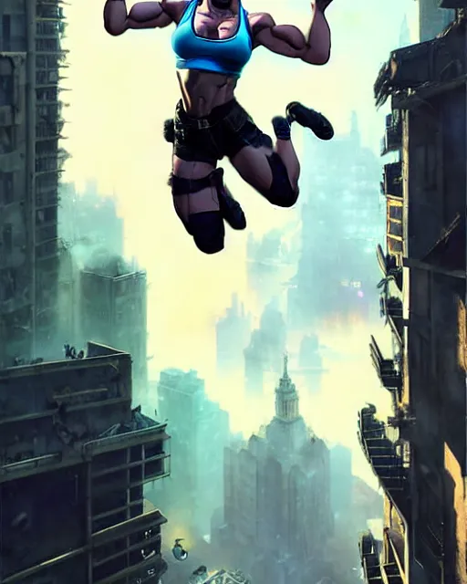 Image similar to gigachad jill valentine bodybuilder jumping from a building fighting in racoon city, fantasy character portrait, ultra realistic, anime key visual, full body concept art, intricate details, highly detailed by greg rutkowski, ilya kuvshinov, gaston bussiere, craig mullins, simon bisley