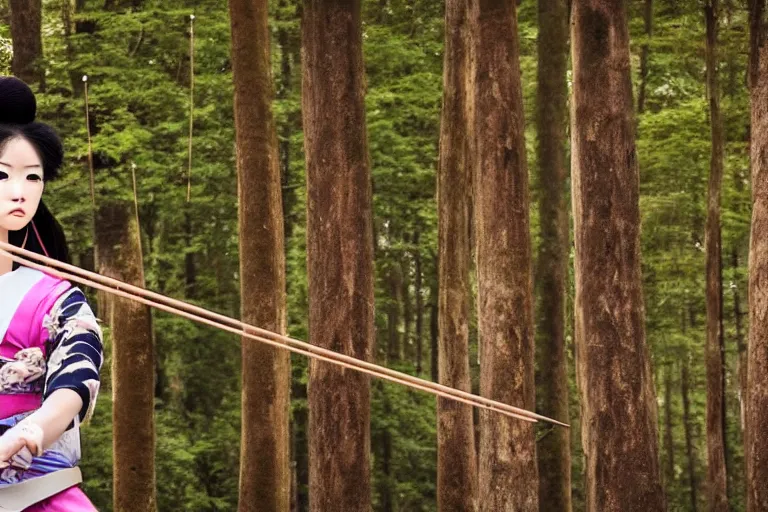 Prompt: beautiful photo of a young modern geisha archer, practising her aim in a forest, mid action, symmetrical face, beautiful eyes, huge oversized sword, award winning photo, muted pastels, action photography, 1 / 1 2 5 shutter speed, dramatic lighting, anime set style