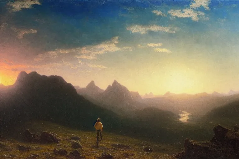 Prompt: a traveler wandering trough the mountains looking at the clouds, hyperdetailed, focused, oil painting, cinematic lighting, albert bierstadt, trending on artstation, colorful, canvas, sunset, centered, hans dahl, theodor kittelsen, hermann hendrich, national geographic, Konstantin Yakovlevich Kryzhitsky, beautiful nature, breathtaking, nordic, coat
