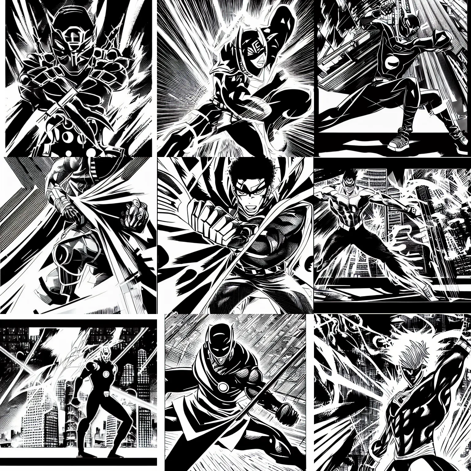 Prompt: a manga panel cover illustration of an urban wakandan superhero musician, in a high intensity fight, speed lines, epic composition, black and white color scheme, halftone comic book shading,