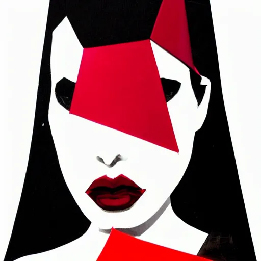 Image similar to origami portrait of a fashion model, black and red