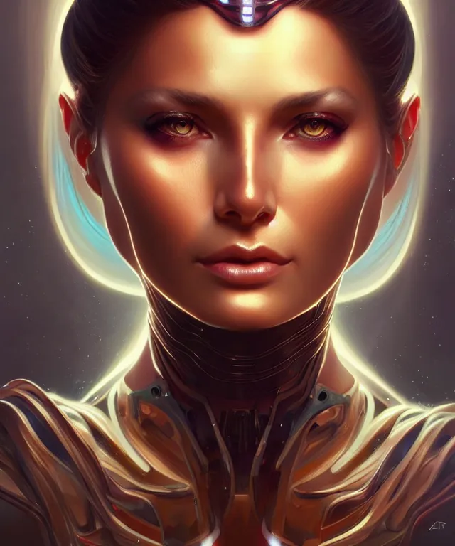 Image similar to futuristic woman portrait, sci-fi, amber eyes, face, long hair, fantasy, intricate, elegant, highly detailed, digital painting, artstation, concept art, smooth, sharp focus, illustration, art by artgerm and greg rutkowski and alphonse mucha