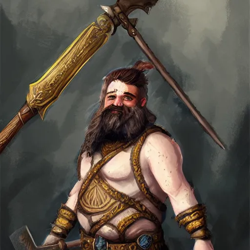 Image similar to High Fantasy whimsical portrait painting of a bearded dwarf holding a battleaxe, waist high, fantasy clothing, cgsociety, trending on artstation, dnd
