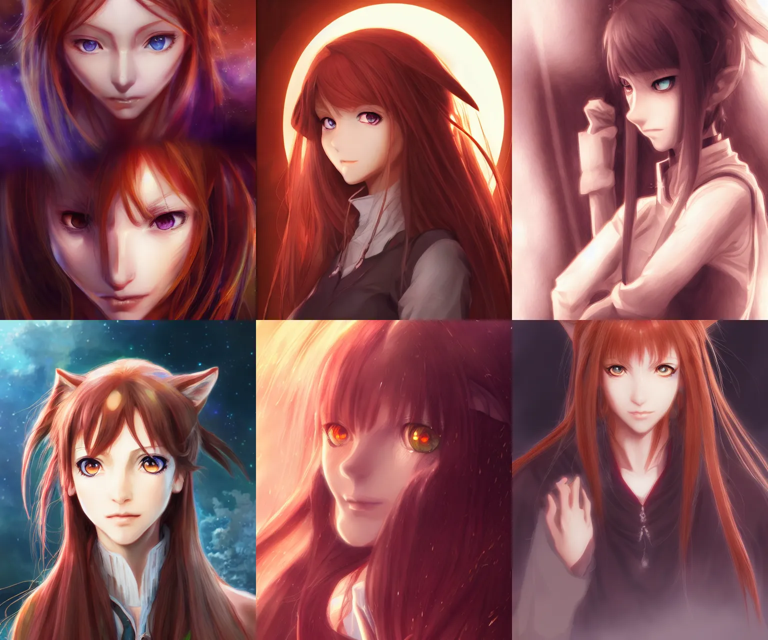 Prompt: portrait of holo spice and wolf, beautiful, fantasy, cinematic lighting, artstation, trending, highly detailed, focus, smooth, by hirohiko araki and yoshitaka amano