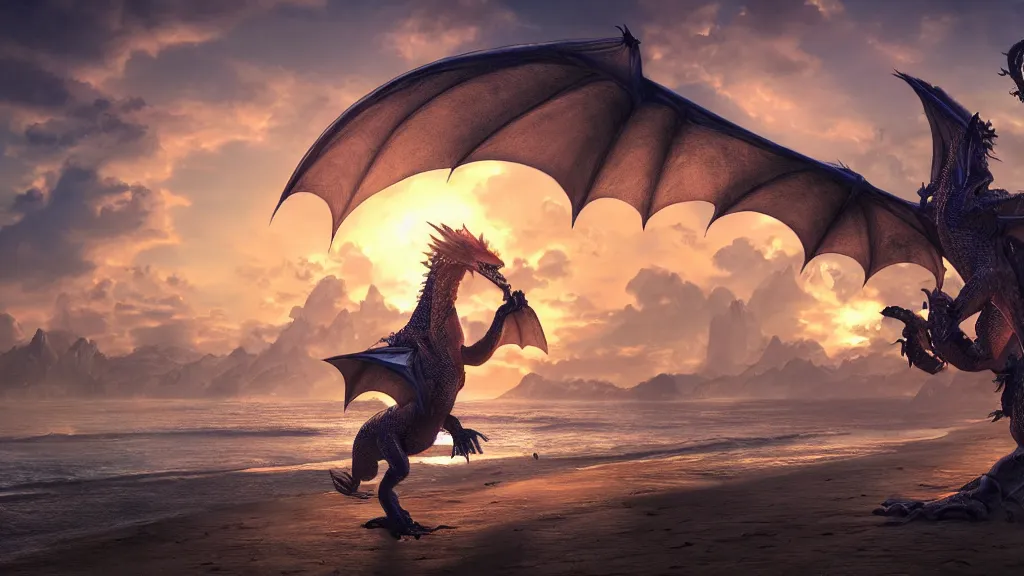 Image similar to dragon on a tropical beach, fantasy artwork, beautiful scenery, hdr, unreal engine 5, cinematic, 8k, ultra detailed, high resolution, artstation, IMAX