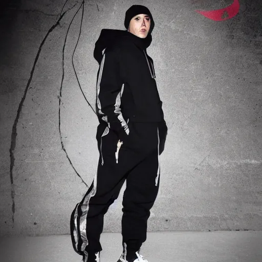 Image similar to rotterdam gabber full body portrait. black jacket with thunderdome logo, nike pants, nike airmax sneakers