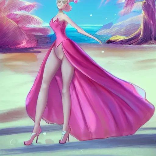 Image similar to beautiful princess peach in a skintight pink satin prom dress on the beach drawn by charlie bowater