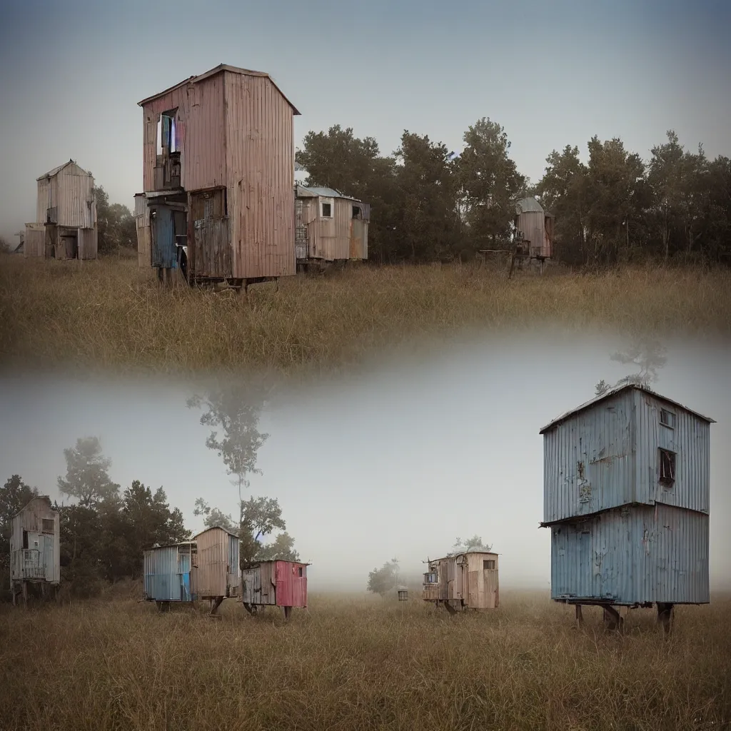 Image similar to two high towers, made up of makeshift squatter shacks with faded colours, plain uniform sky at the back, uneven fog, mamiya, fully frontal view, ultra sharp, very detailed, photographed by julie blackmon