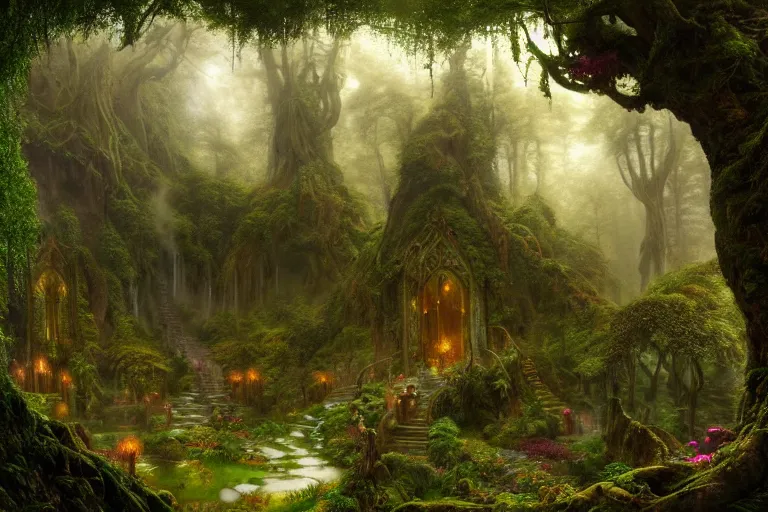 Image similar to a beautiful and highly detailed matte painting of a secret elven garden in a valley in a lush forest in the misty mountains, psychedelic, celtic, intricate details, epic scale, insanely complex, 8 k, sharp focus, photorealism, artstation, cgsociety, by caspar friedrich, albert bierstadt, james gurney, brian froud,