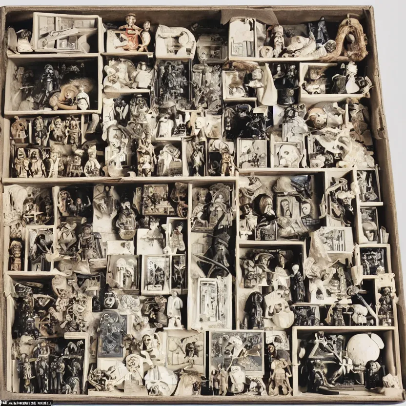 Image similar to a well - lit, detailed museum archive rich color photograph of a star wars memory box by joseph cornell, containing action figures, black and white photographs, and a star chart