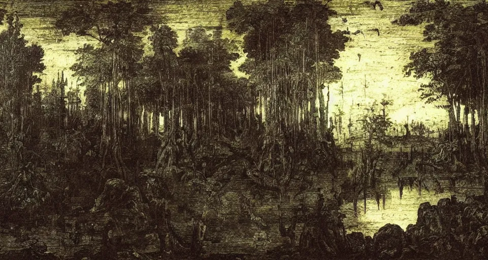 Prompt: A dense and dark enchanted forest with a swamp, by Leonardo da vinci