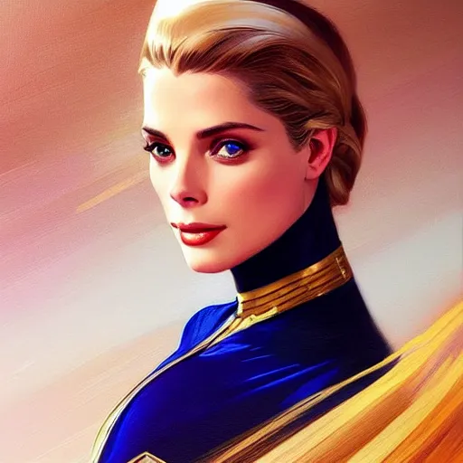 Image similar to Ashley Greene's face combined with Grace Kelly's face with blonde hair as Super Girl, western, D&D, fantasy, intricate, elegant, highly detailed, digital painting, artstation, concept art, matte, sharp focus, illustration, art by Artgerm and Greg Rutkowski and Alphonse Mucha