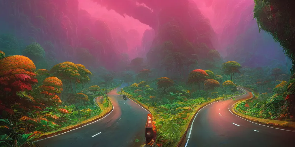 Prompt: long and winding road through a lush jungle between epic mountains, beautiful, sharp, alena aenami, petros afshar, noah bradley, anton fadeev, anato finnstark, steve henderson, filip hodas, mark keathley, thomas kinkade, phil koch, gilbert williams, mike winkelmann, beeple