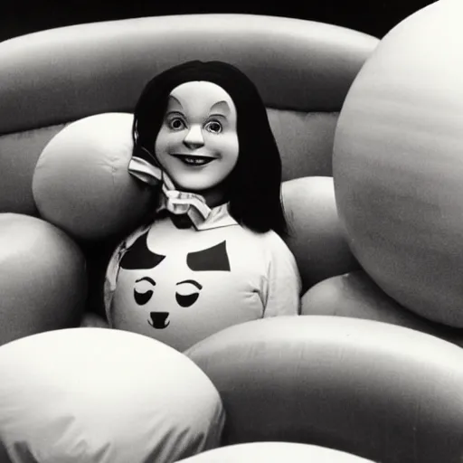 Prompt: 1974 a teenage girl wearing an inflatable cartoon head goes to high school, live-action film archival film 16mm documentary in style of Cassavetes John Waters 1974