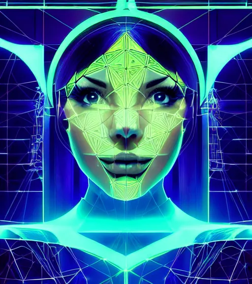 Image similar to symmetry!! latin princess of technology, solid cube of light, hard edges, product render retro - futuristic poster scifi, lasers and neon circuits, beautiful woman latin princess, intricate, elegant, highly detailed, digital painting, artstation, concept art, smooth, sharp focus, illustration, dreamlike, art by artgerm