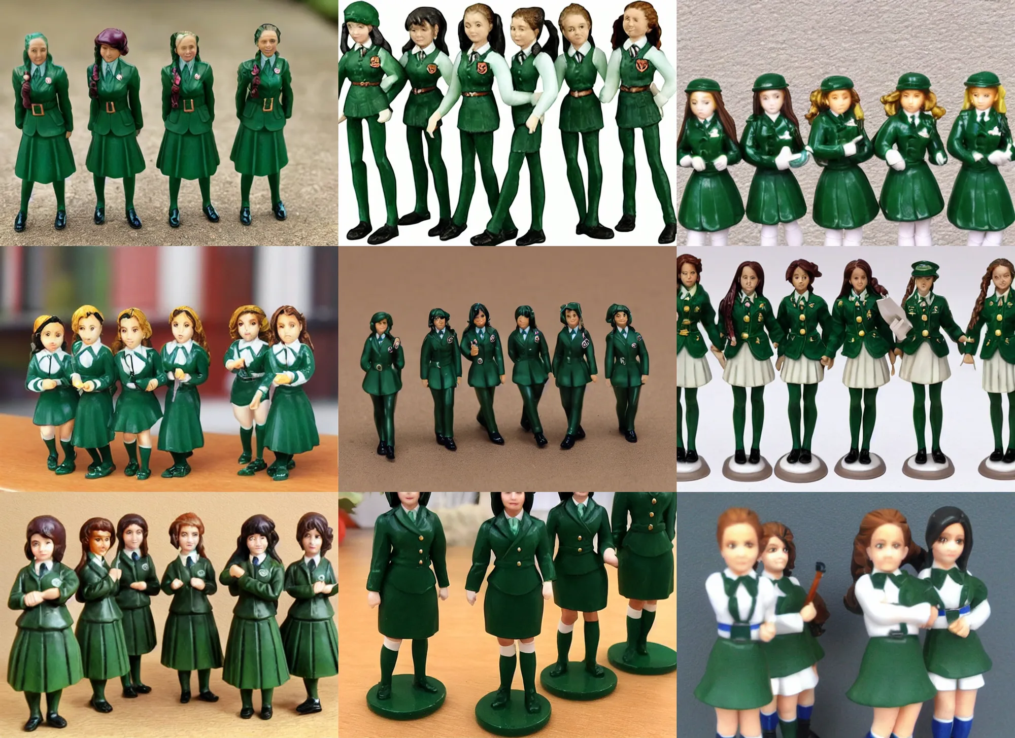 Prompt: Image on the store website, eBay, Full body, 80mm resin detailed miniature of five school girls in deep green uniforms