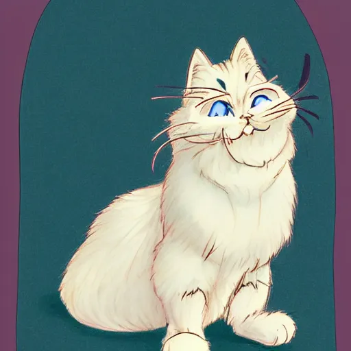 Image similar to person wearing a cat costume, anthropomorphic humanoid cat, extra fluffy Persian tabby cat standing on two feet, drawing by Don Bluth, colored pencil sketch with feathery lines, drawing by Yoshitaka Amano