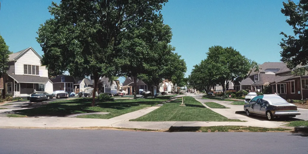 Prompt: a 90s photograph of a american suburban street at afternoon