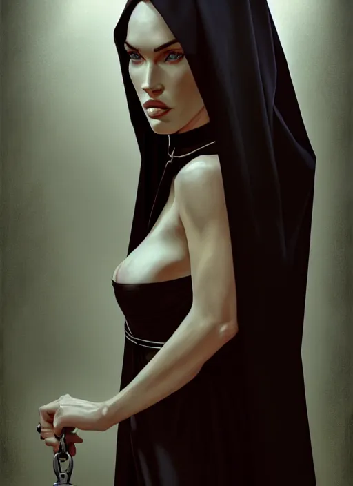 Prompt: portrait of megan fox as a evil nun with collar and leash, catholic, church, dark, intricate, headshot, key visual, conceptart, ambient lighting, highly detailed, digital painting, artstation, concept art, sharp focus, by makoto shinkai and akihiko yoshida and greg manchess