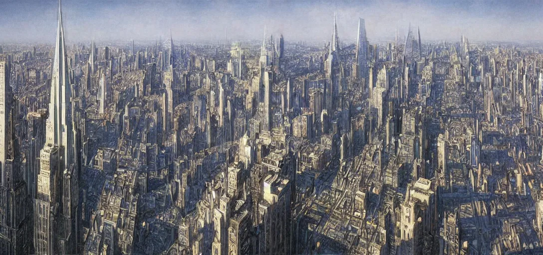 Image similar to A futuristic landscape of New York City with domes and very tall buildings in the year 2050 by Alan Lee