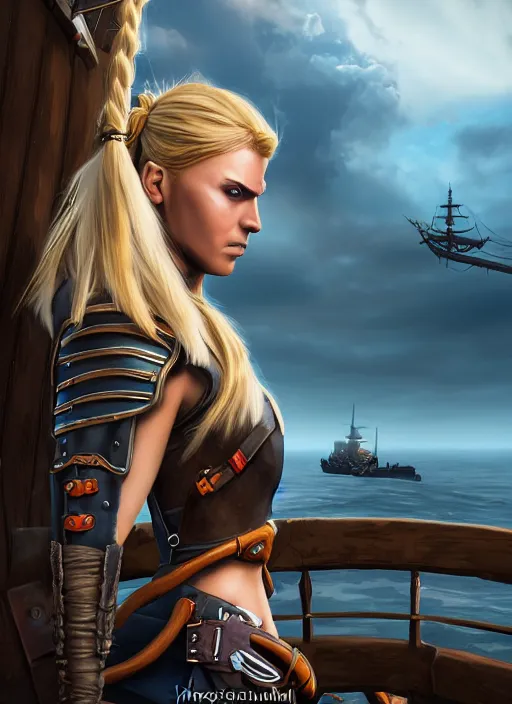 Image similar to An epic fantasy comic book style portrait painting of tall blonde haired female sky-pirate with a serious face and a pony tail in front of a metal gangplank in the style of the wheel of time, unreal 5, DAZ, hyperrealistic, octane render, cosplay, RPG portrait, dynamic lighting